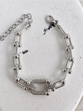 Silver Plated CZ Zircon Geometric Link Chain Statement Bracelet